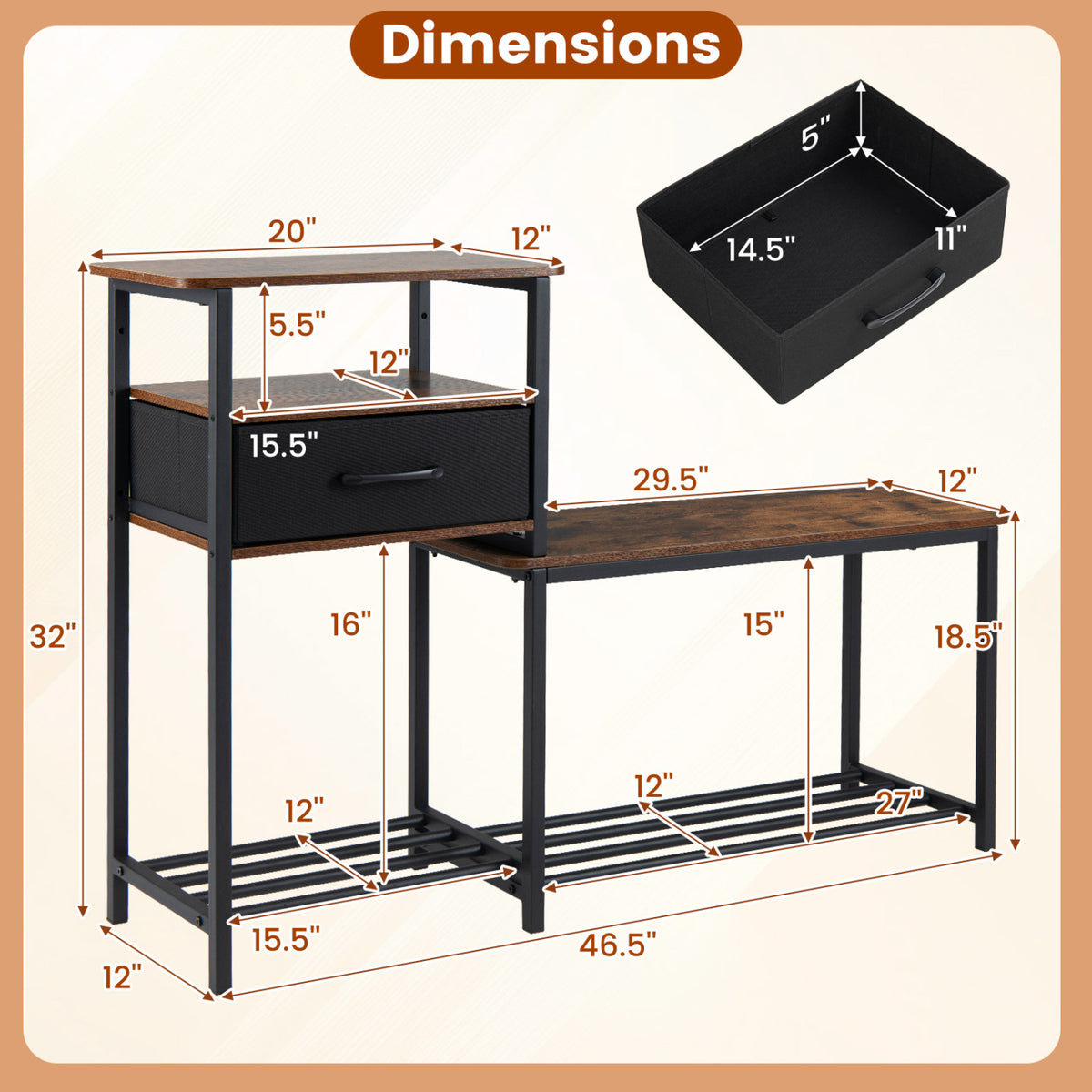 3-Tier Shoe Storage Rack Bench with Drawer and Metal Frame-Rustic Brown