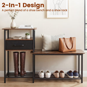 3-Tier Shoe Storage Rack Bench with Drawer and Metal Frame-Rustic Brown