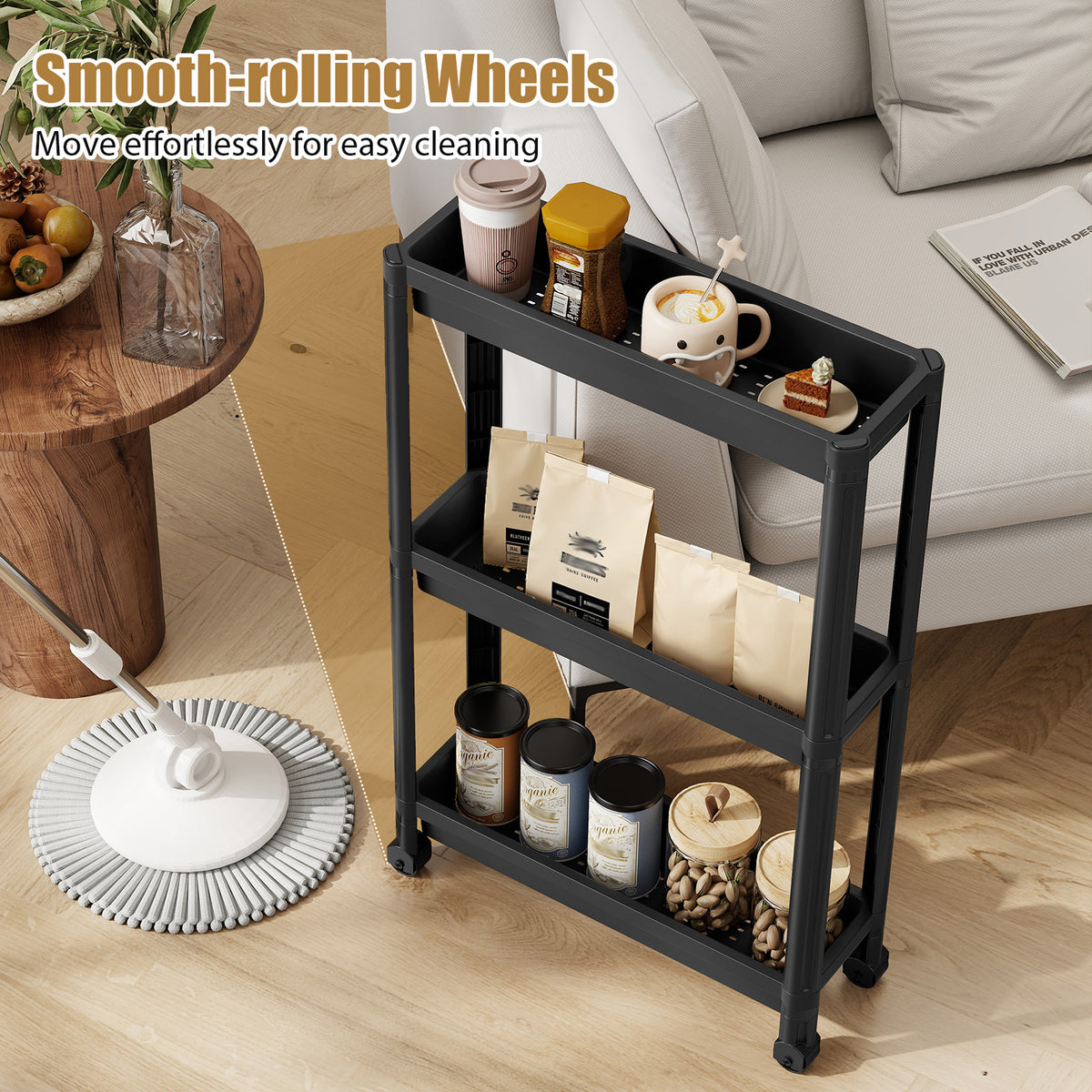 3-Tier Slim Rolling Storage Cart 2-Pack Mobile Bathroom Organizer with Wheels-Black