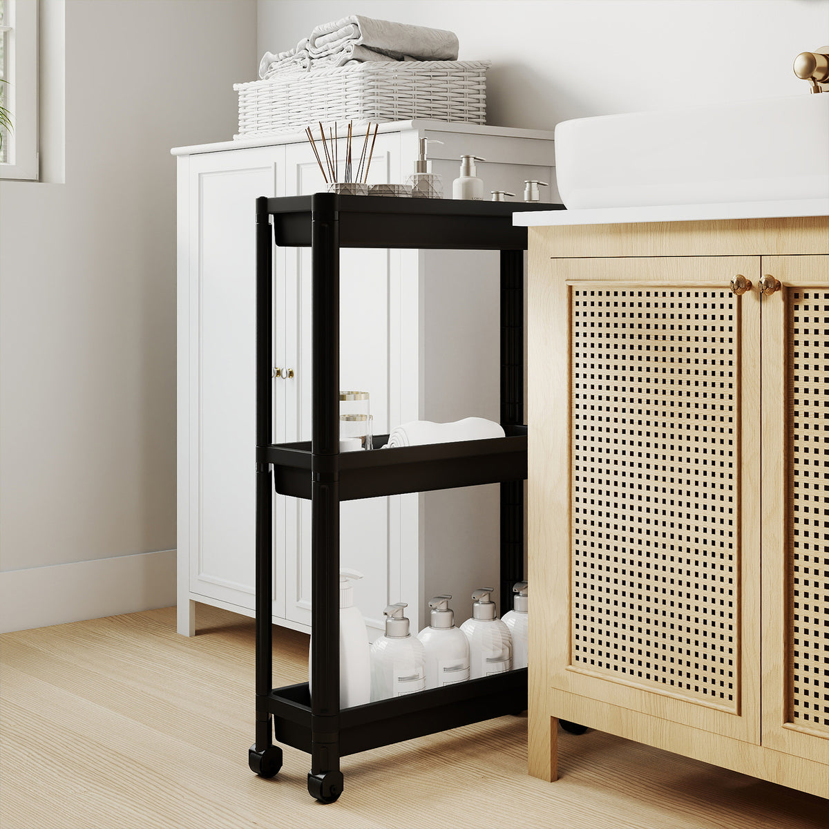 3-Tier Slim Rolling Storage Cart 2-Pack Mobile Bathroom Organizer with Wheels-Black