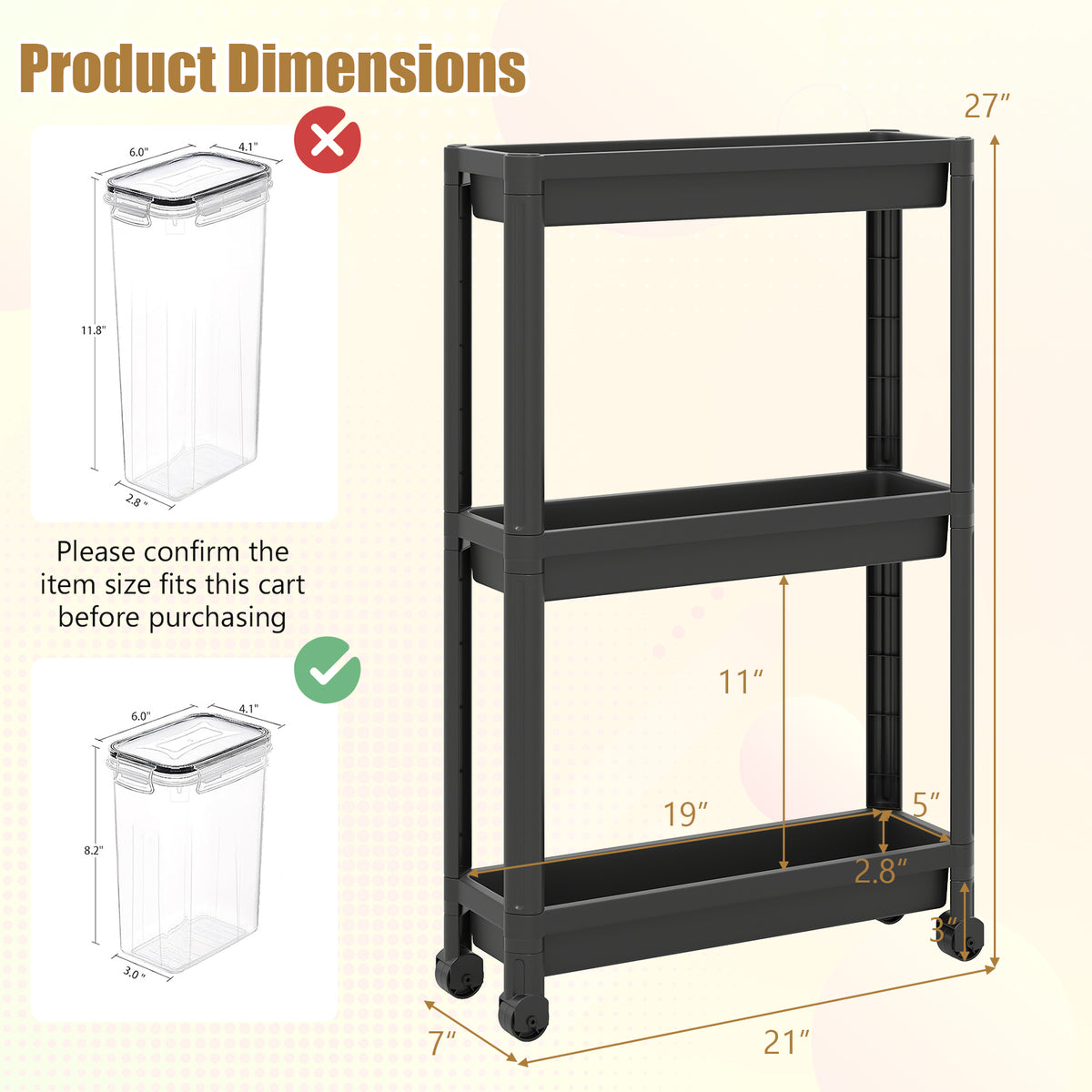 3-Tier Slim Rolling Storage Cart 2-Pack Mobile Bathroom Organizer with Wheels-Black