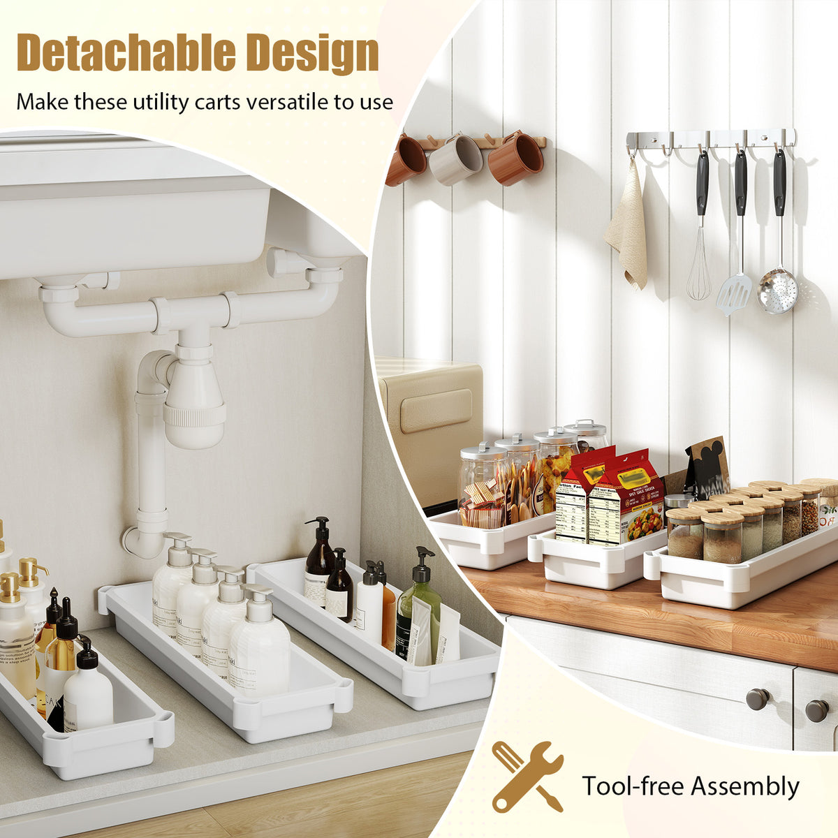 3-Tier Slim Rolling Storage Cart 2-Pack Mobile Bathroom Organizer with Wheels-White