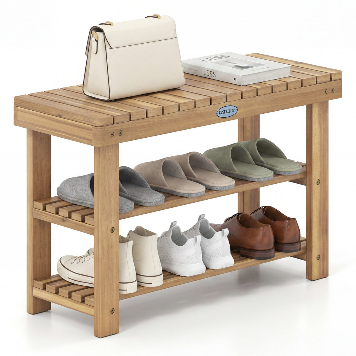 3-Tier Solid Wood Shoe Rack Bench with Slatted Shelves-M