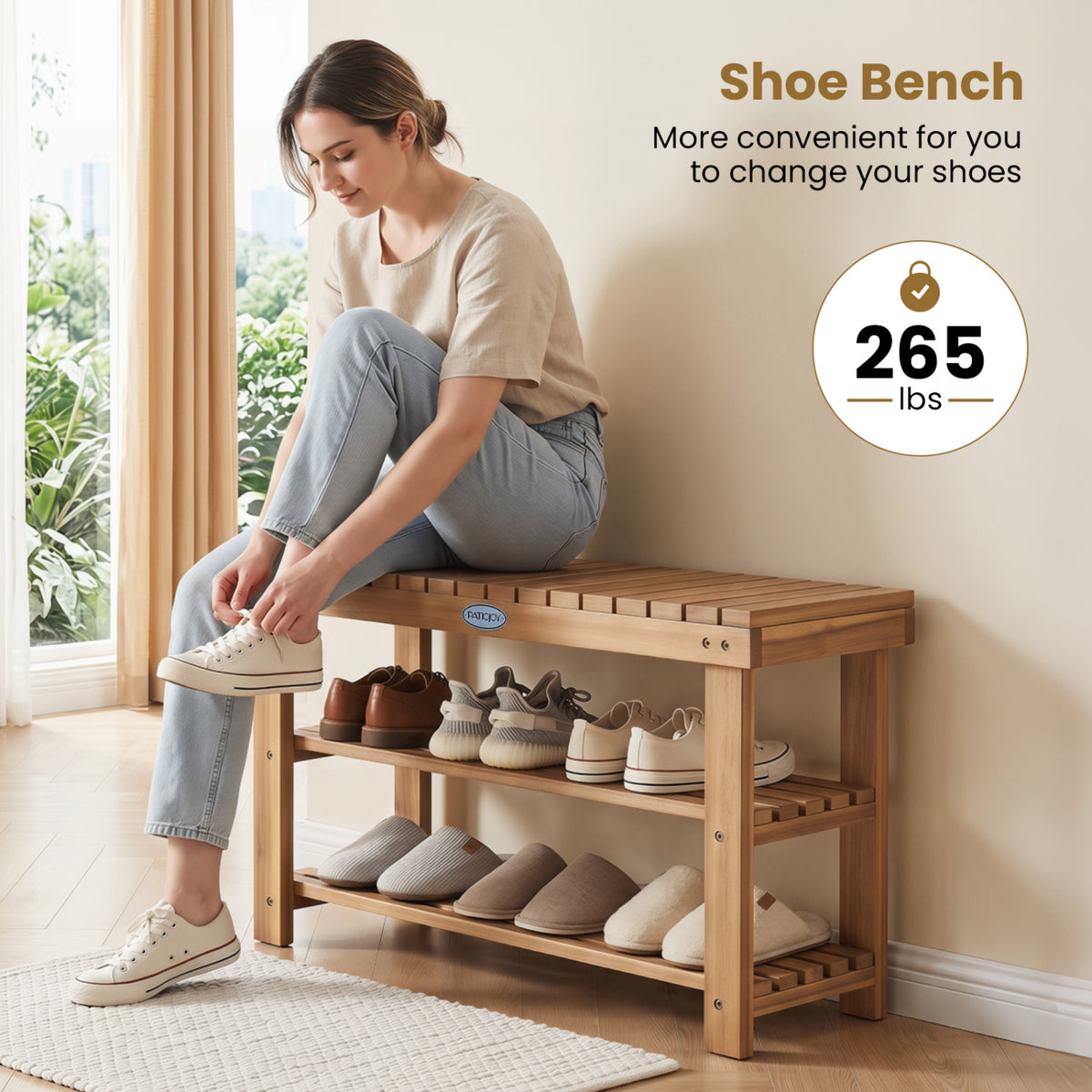 3-Tier Solid Wood Shoe Rack Bench with Slatted Shelves-M
