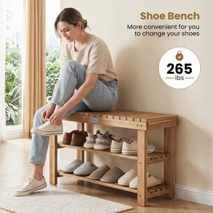 3-Tier Solid Wood Shoe Rack Bench with Slatted Shelves-M