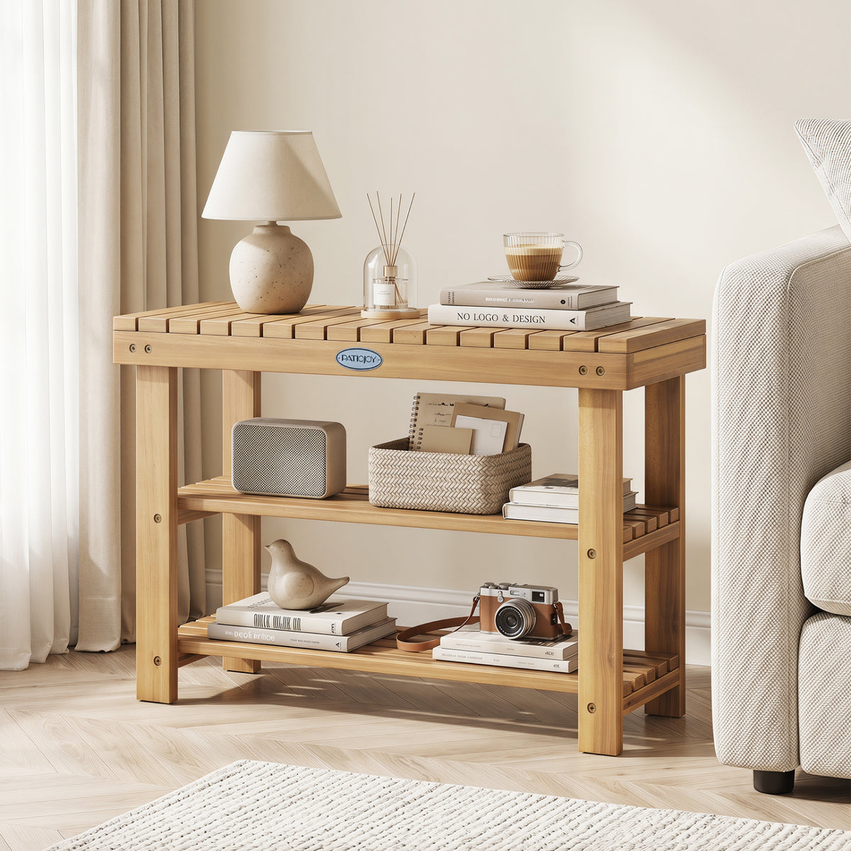 3-Tier Solid Wood Shoe Rack Bench with Slatted Shelves-M