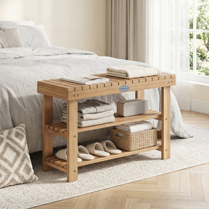 3-Tier Solid Wood Shoe Rack Bench with Slatted Shelves-M