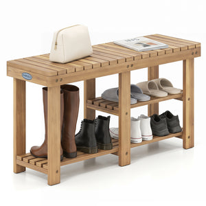 3-Tier Solid Wood Shoe Rack Bench with Slatted Shelves-L