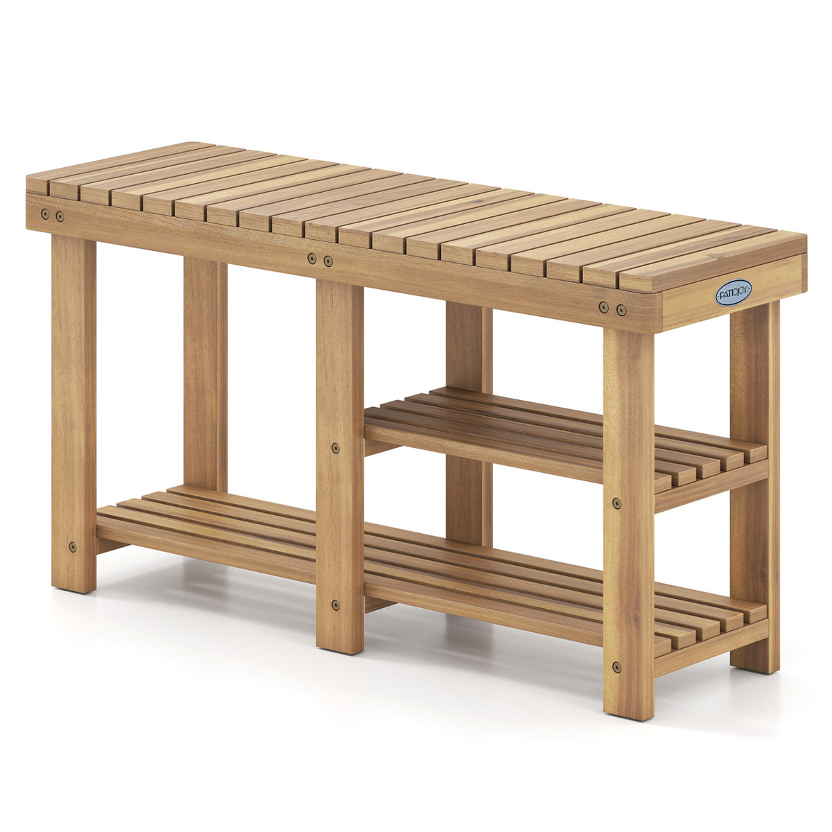 3-Tier Solid Wood Shoe Rack Bench with Slatted Shelves-L