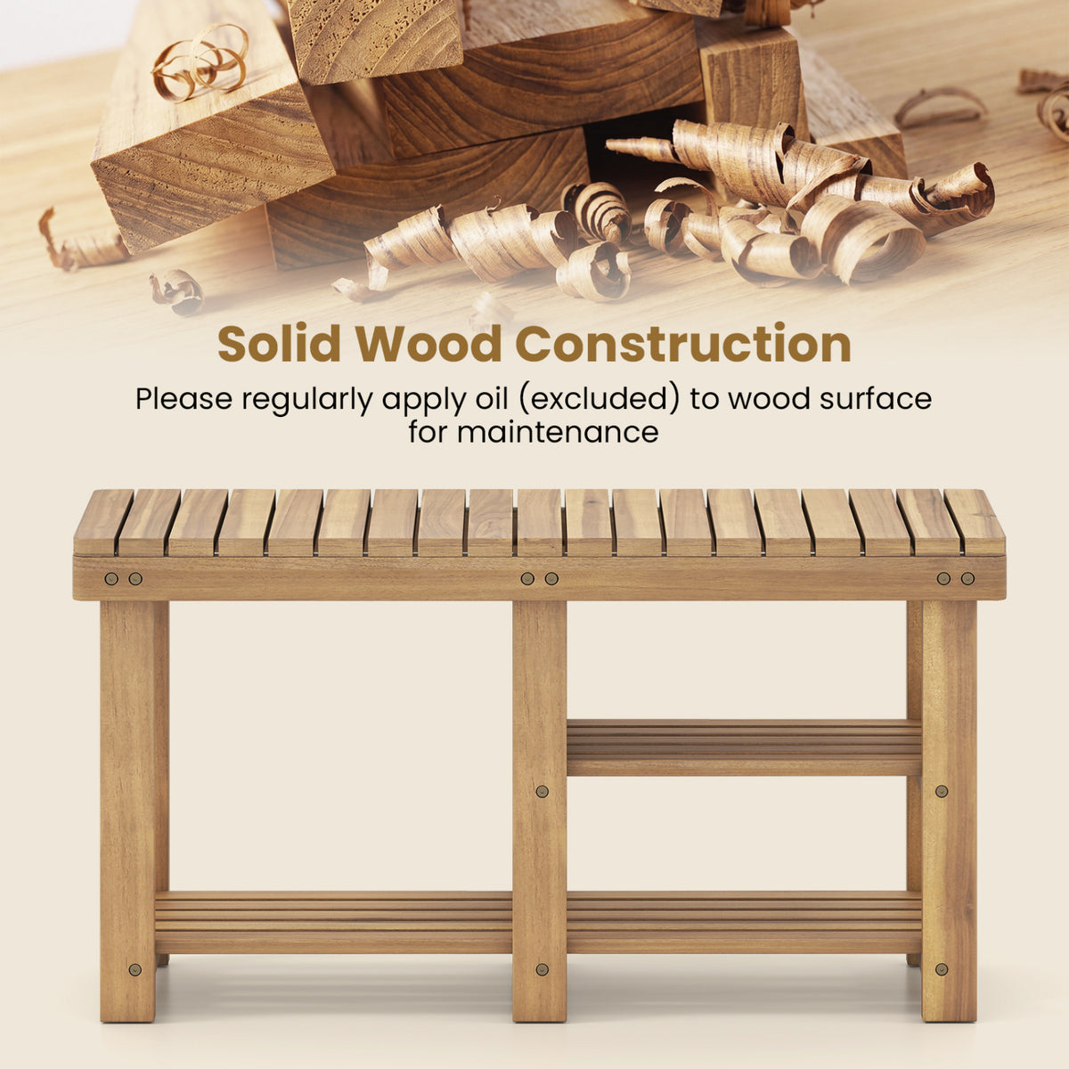 3-Tier Solid Wood Shoe Rack Bench with Slatted Shelves-L