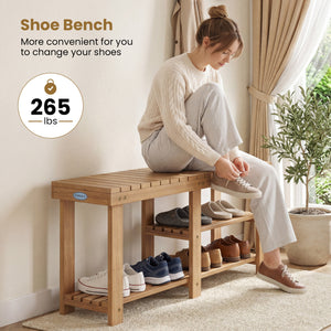 3-Tier Solid Wood Shoe Rack Bench with Slatted Shelves-L
