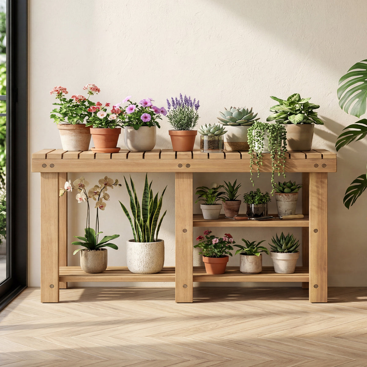 3-Tier Solid Wood Shoe Rack Bench with Slatted Shelves-L