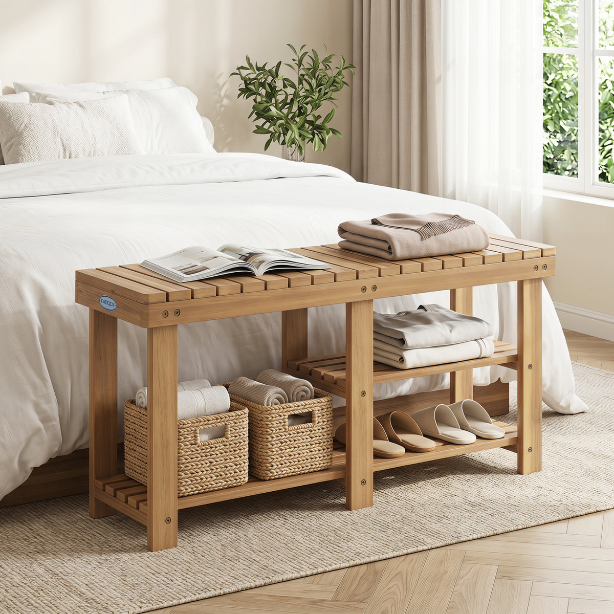 3-Tier Solid Wood Shoe Rack Bench with Slatted Shelves-L