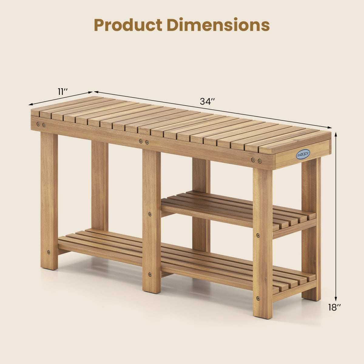 3-Tier Solid Wood Shoe Rack Bench with Slatted Shelves-L