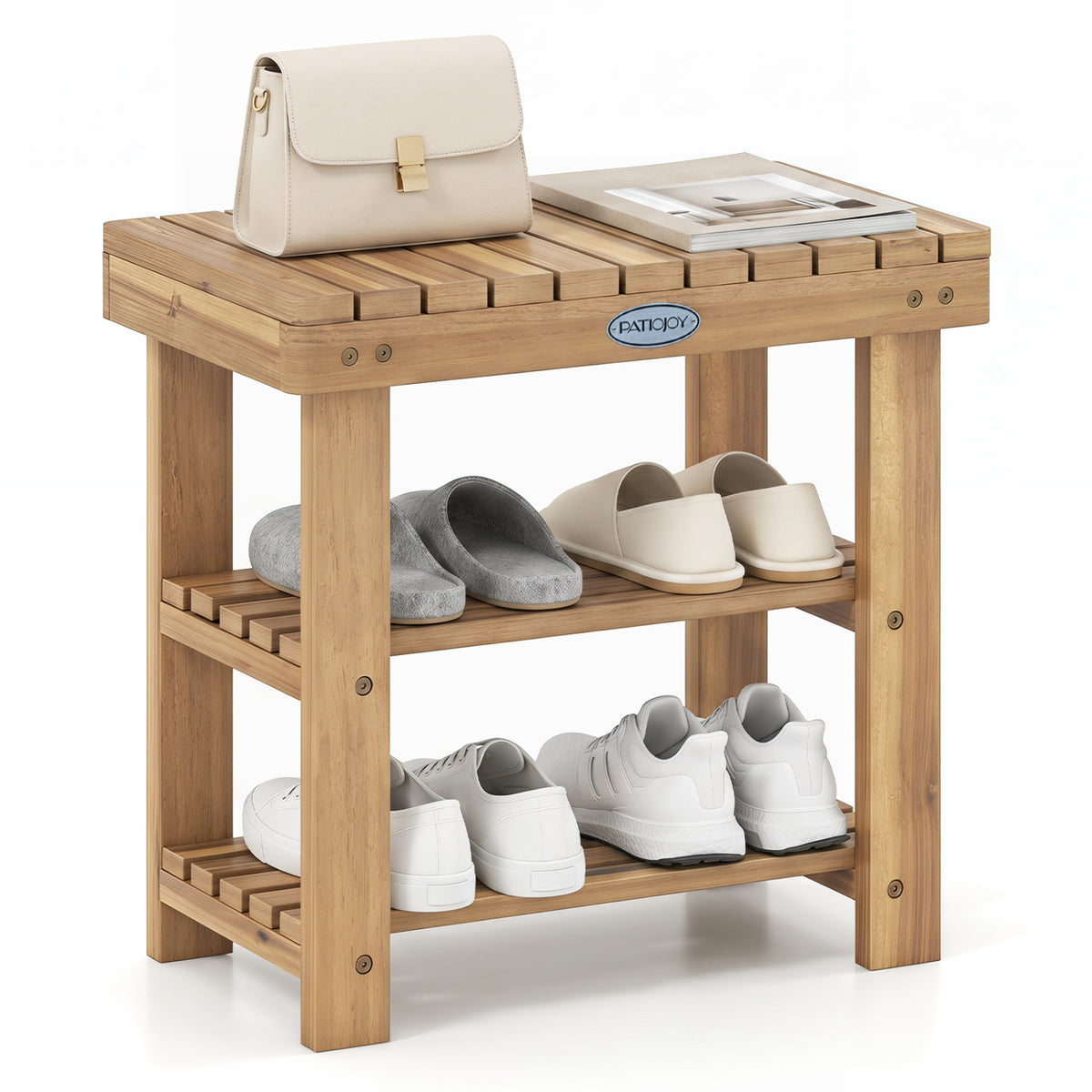 3-Tier Solid Wood Shoe Rack Bench with Slatted Shelves-S