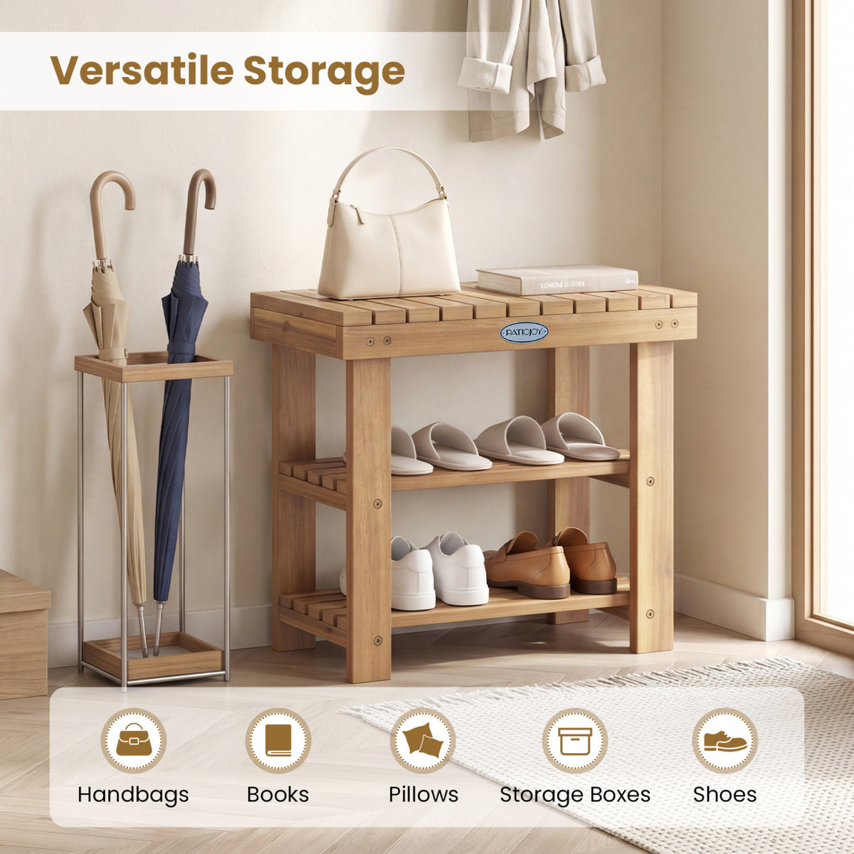 3-Tier Solid Wood Shoe Rack Bench with Slatted Shelves-S
