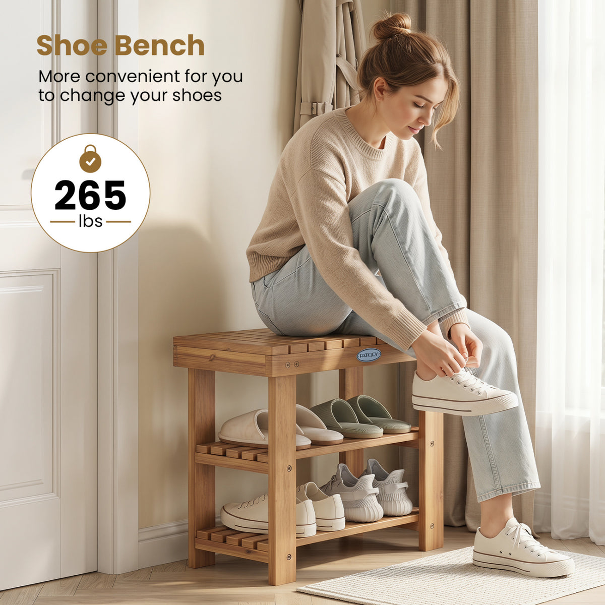 3-Tier Solid Wood Shoe Rack Bench with Slatted Shelves-S
