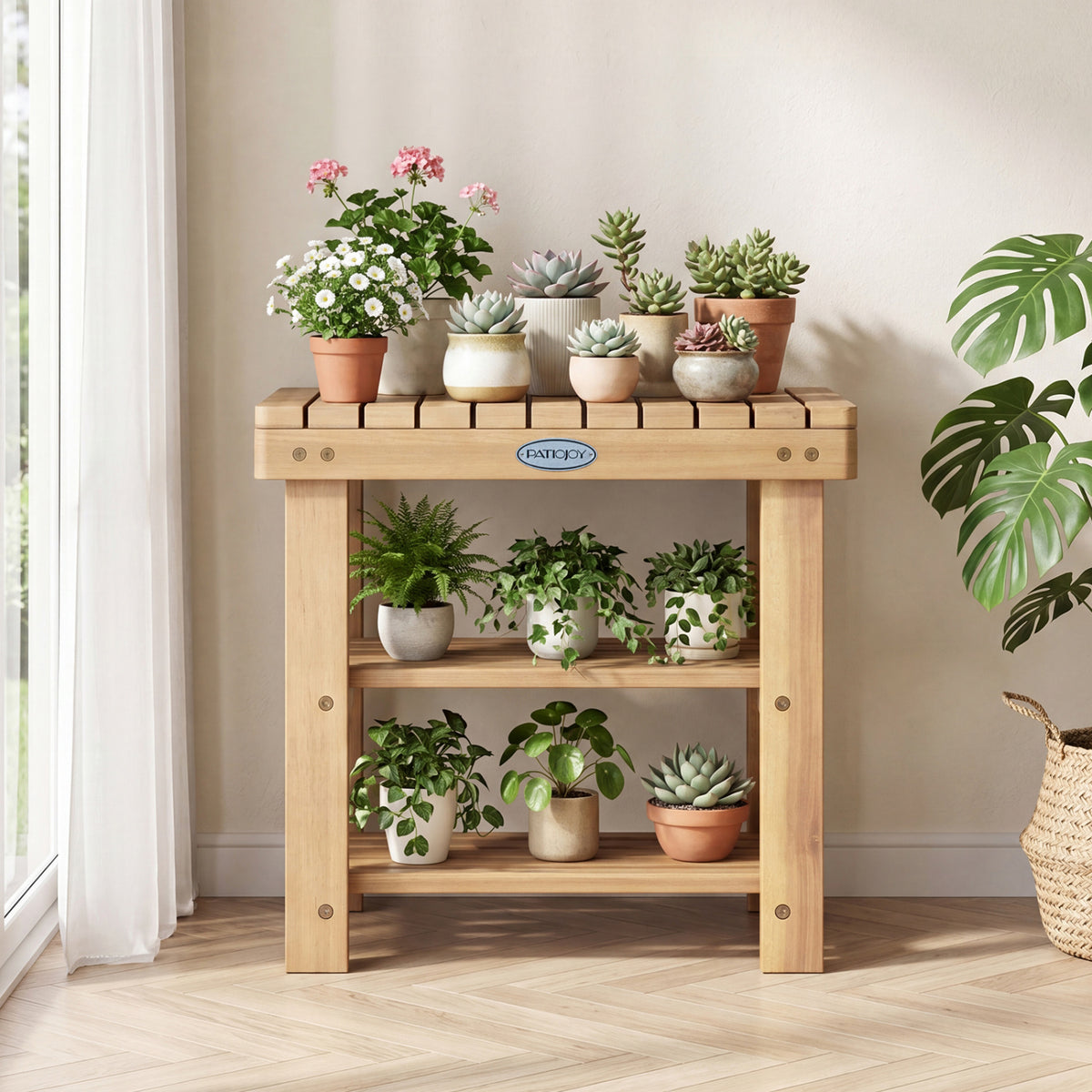 3-Tier Solid Wood Shoe Rack Bench with Slatted Shelves-S