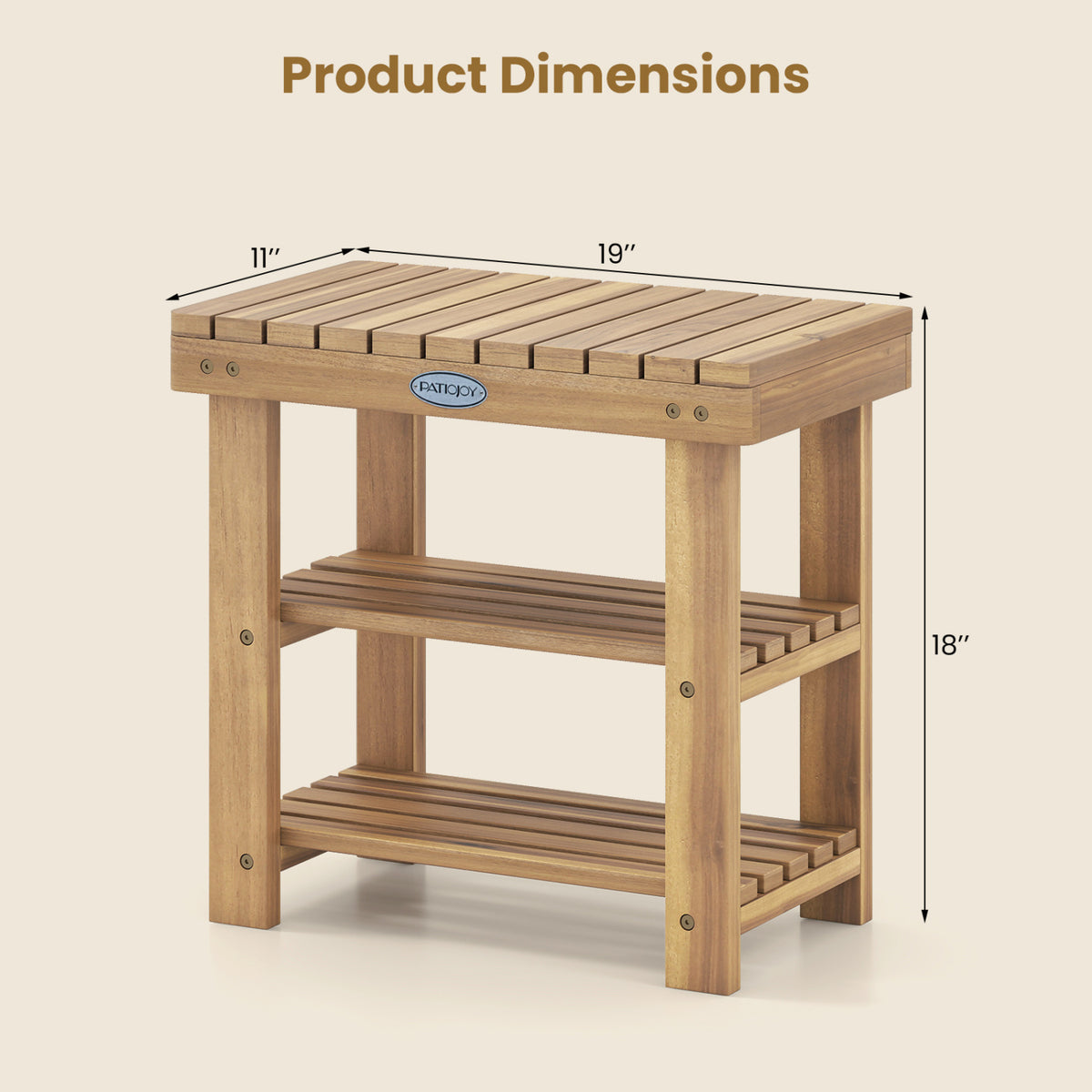 3-Tier Solid Wood Shoe Rack Bench with Slatted Shelves-S