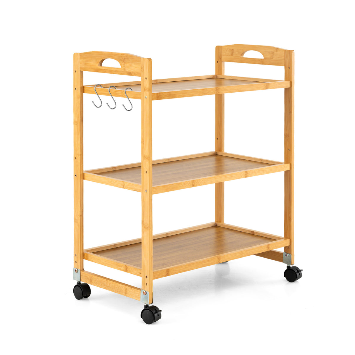 3-Tier Storage Rolling Cart Bamboo Utility Cart with 4 Universal Wheels-Natural