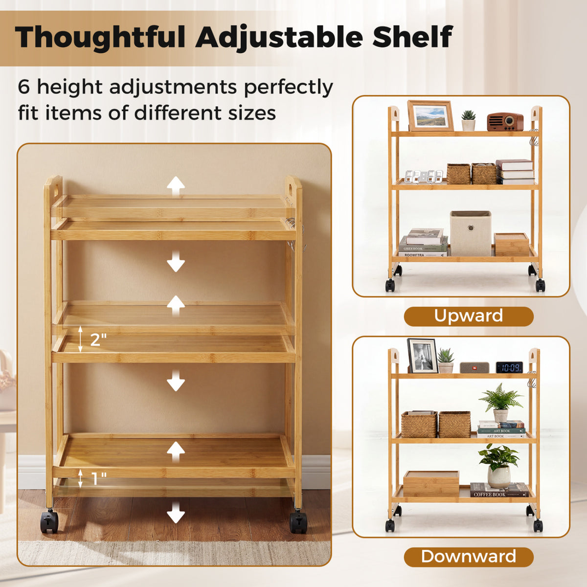 3-Tier Storage Rolling Cart Bamboo Utility Cart with 4 Universal Wheels-Natural