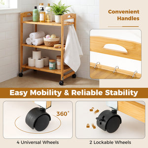 3-Tier Storage Rolling Cart Bamboo Utility Cart with 4 Universal Wheels-Natural