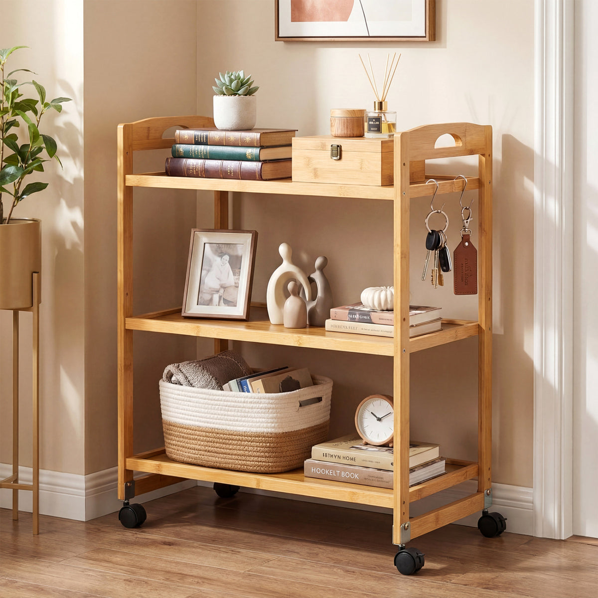 3-Tier Storage Rolling Cart Bamboo Utility Cart with 4 Universal Wheels-Natural