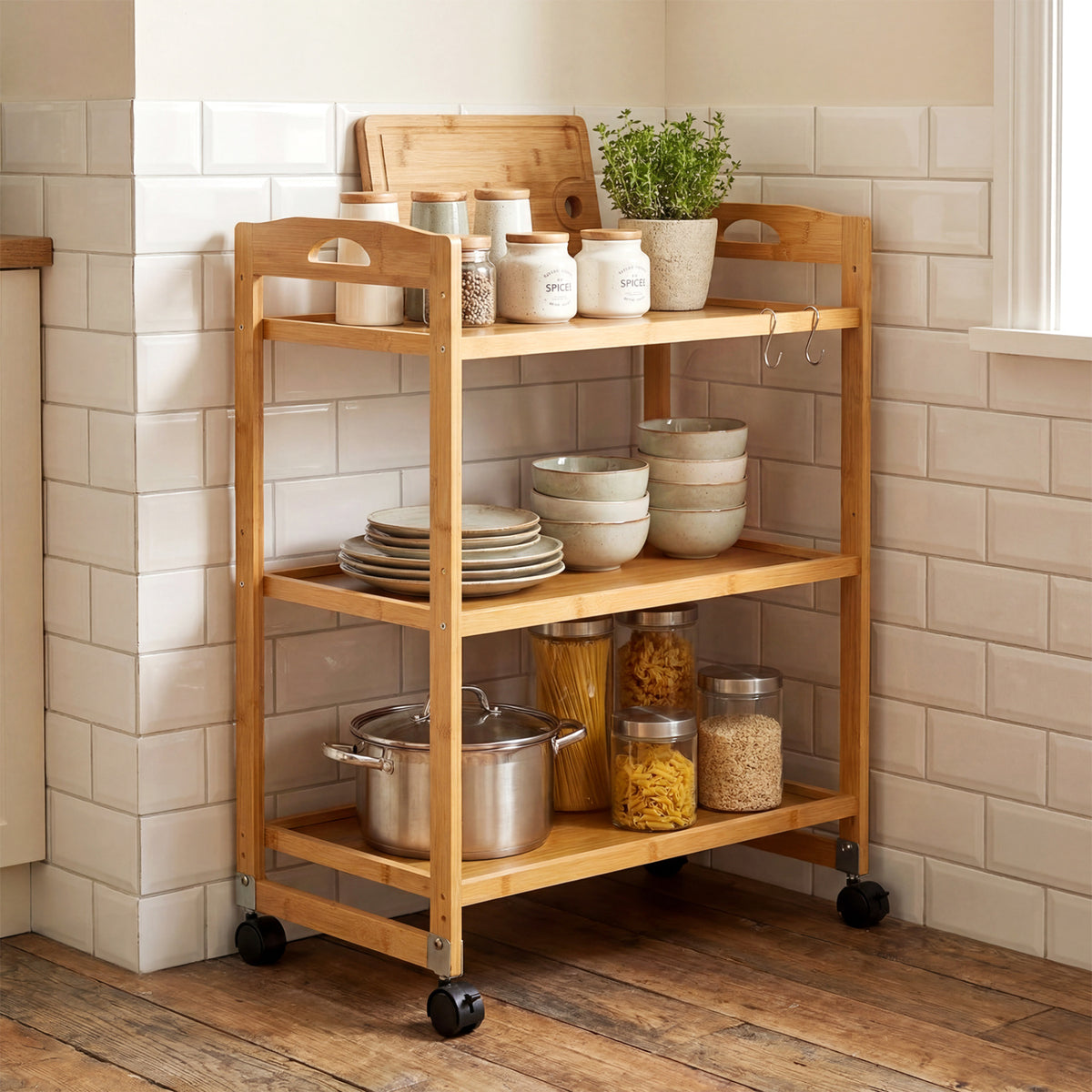 3-Tier Storage Rolling Cart Bamboo Utility Cart with 4 Universal Wheels-Natural