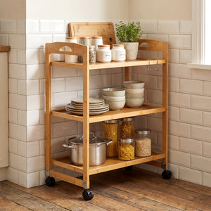 3-Tier Storage Rolling Cart Bamboo Utility Cart with 4 Universal Wheels-Natural