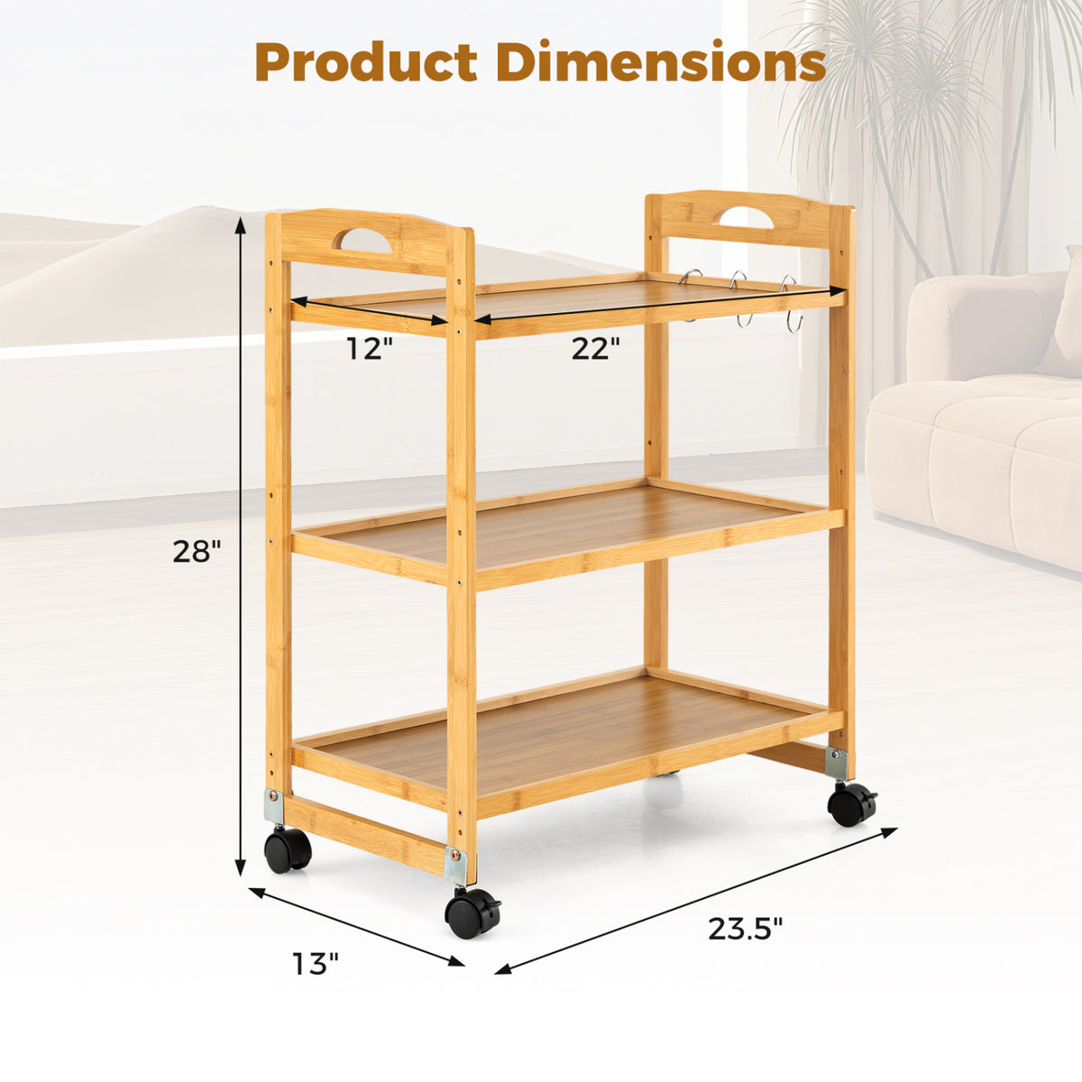 3-Tier Storage Rolling Cart Bamboo Utility Cart with 4 Universal Wheels-Natural