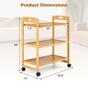 3-Tier Storage Rolling Cart Bamboo Utility Cart with 4 Universal Wheels-Natural