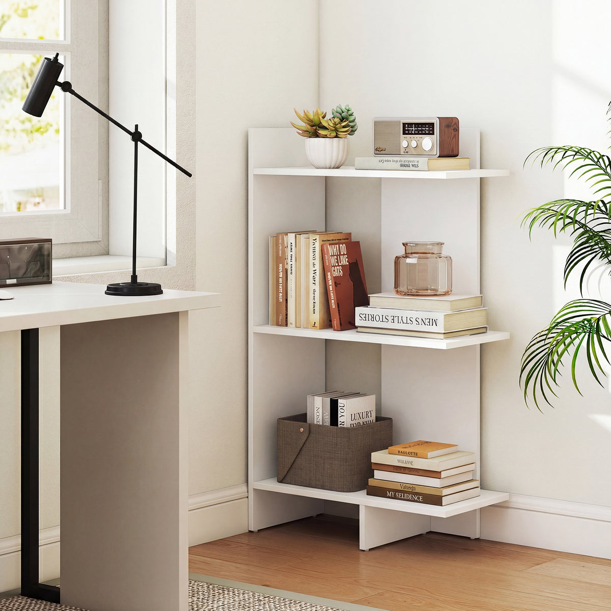 3 Tier Wooden Bookshelf with Anti-Tipping Kit-White
