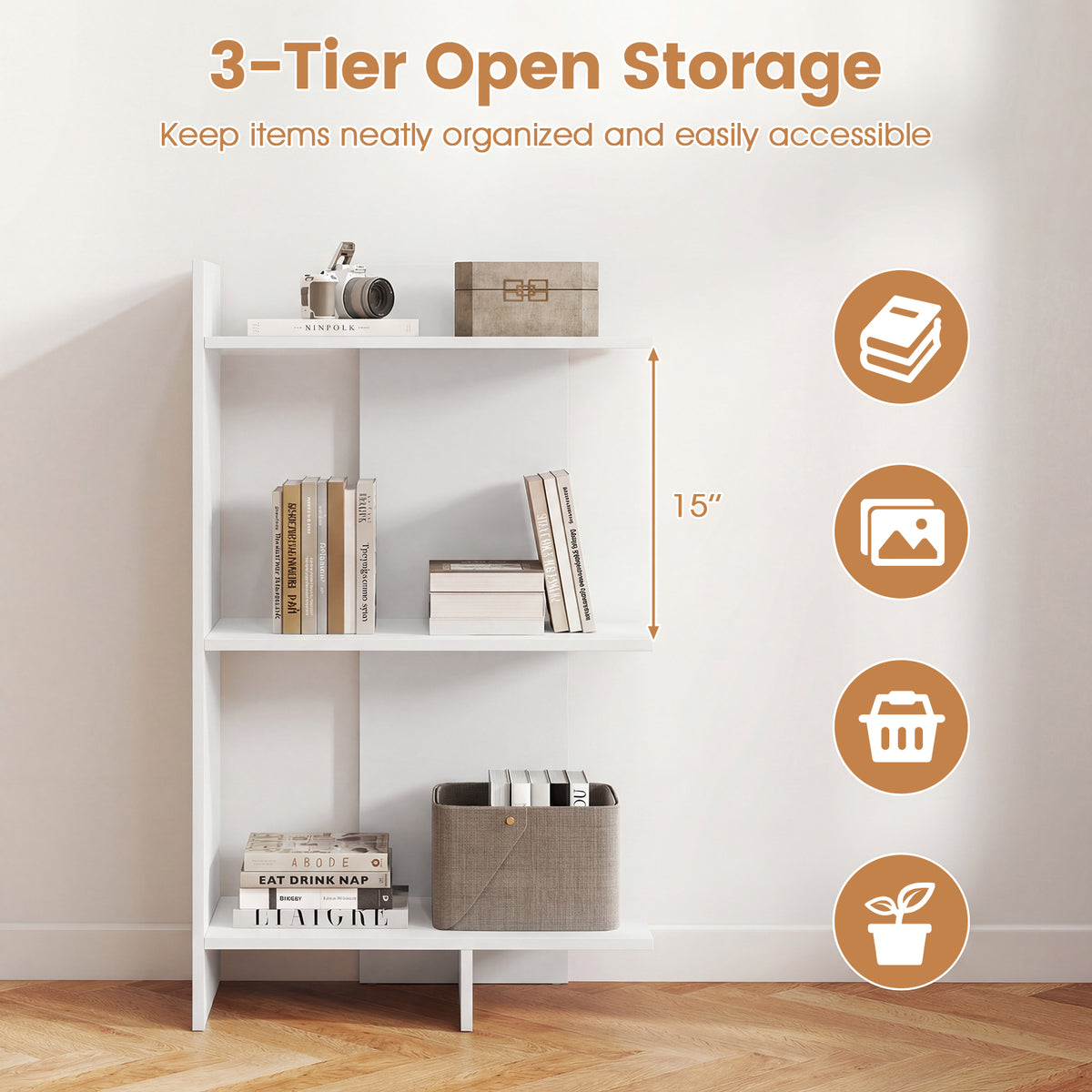 3 Tier Wooden Bookshelf with Anti-Tipping Kit-White