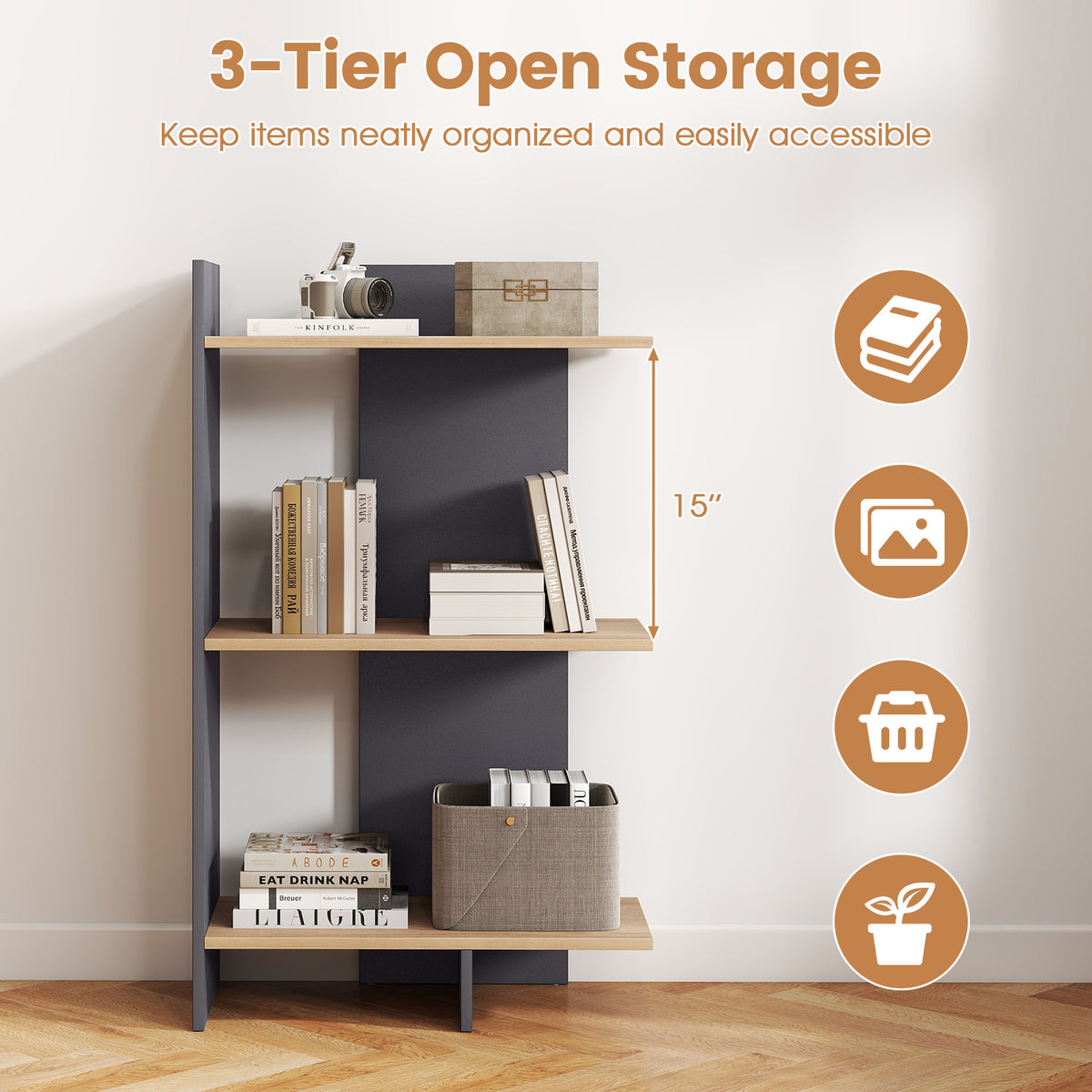 3 Tier Wooden Bookshelf with Anti-Tipping Kit-Oak