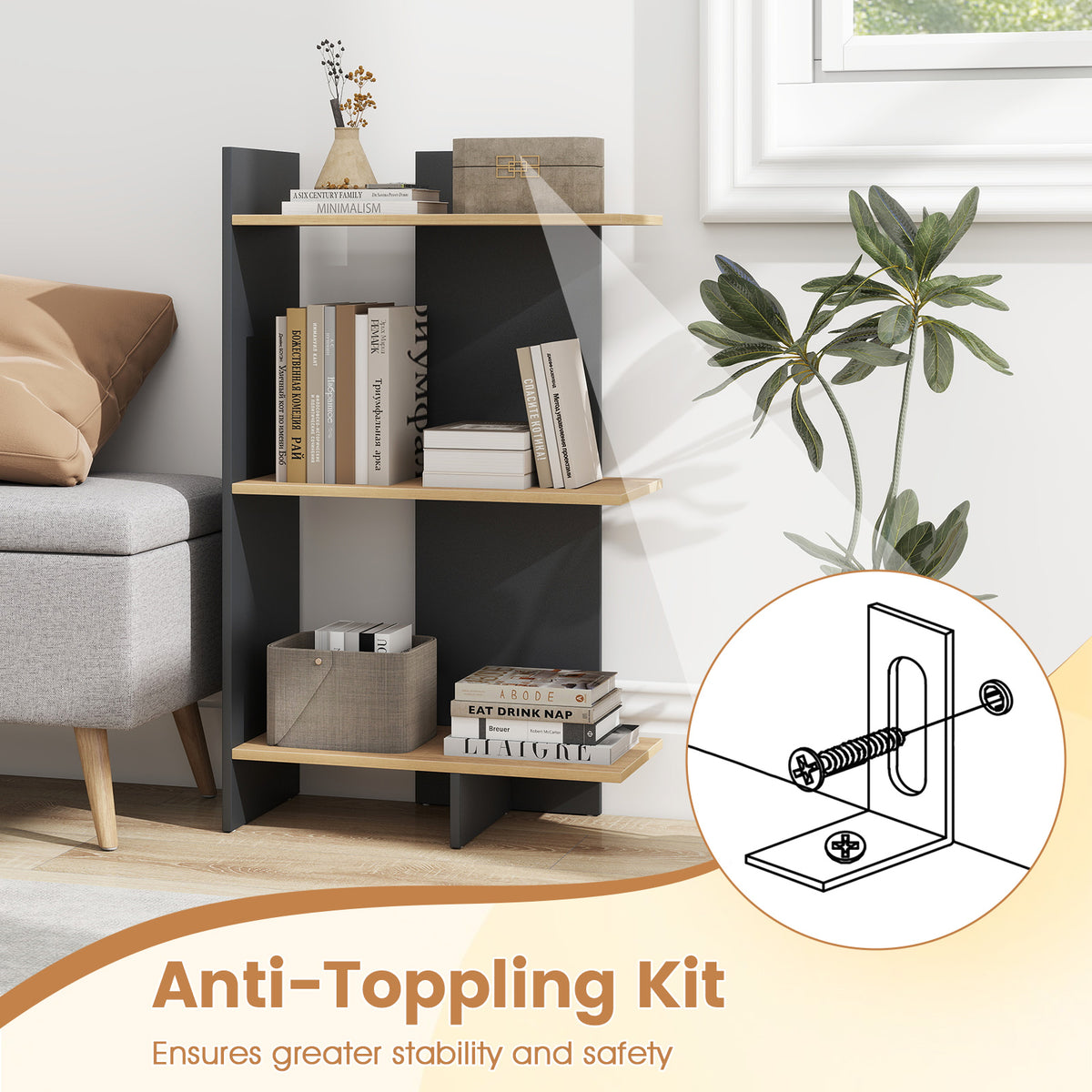 3 Tier Wooden Bookshelf with Anti-Tipping Kit-Oak