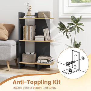 3 Tier Wooden Bookshelf with Anti-Tipping Kit-Oak