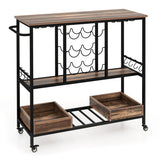 3 Tiers Bar Cart on Wheels with Glass Racks-Brown