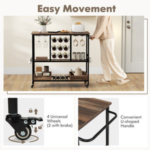 3 Tiers Bar Cart on Wheels with Glass Racks-Brown