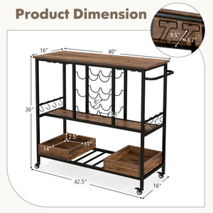 3 Tiers Bar Cart on Wheels with Glass Racks-Rustic Brown