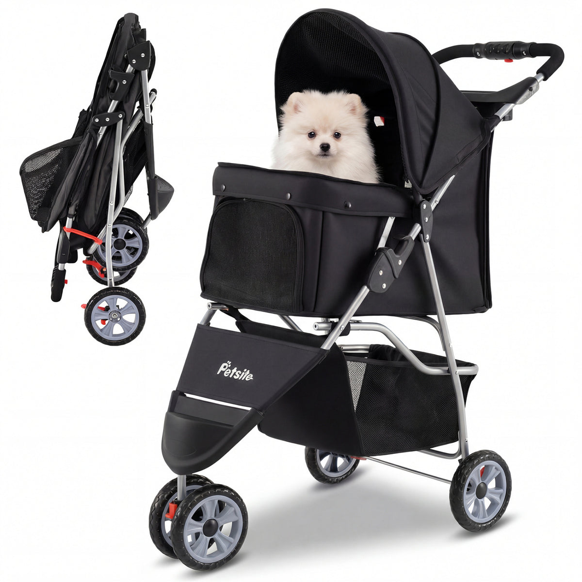 3 Wheel Pet Stroller for Small Dogs Cats up to 33 LBS-Black