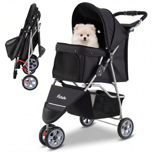 3 Wheel Pet Stroller for Small Dogs Cats up to 33 LBS-Black