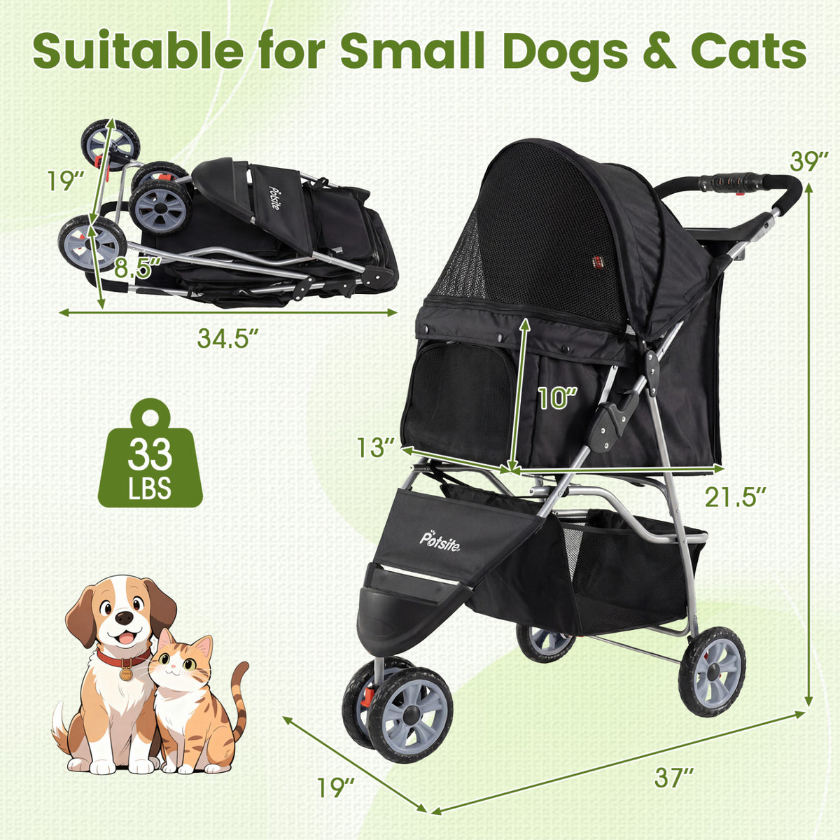 3 Wheel Pet Stroller for Small Dogs Cats up to 33 LBS-Black