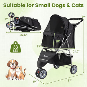 3 Wheel Pet Stroller for Small Dogs Cats up to 33 LBS-Black