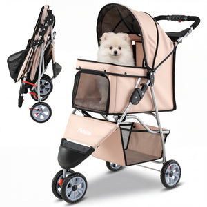 3 Wheel Pet Stroller for Small Dogs Cats up to 33 LBS-Beige