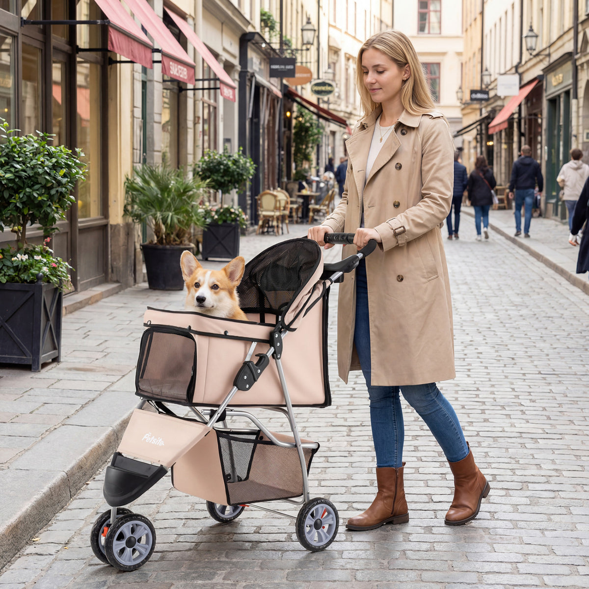 3 Wheel Pet Stroller for Small Dogs Cats up to 33 LBS-Beige