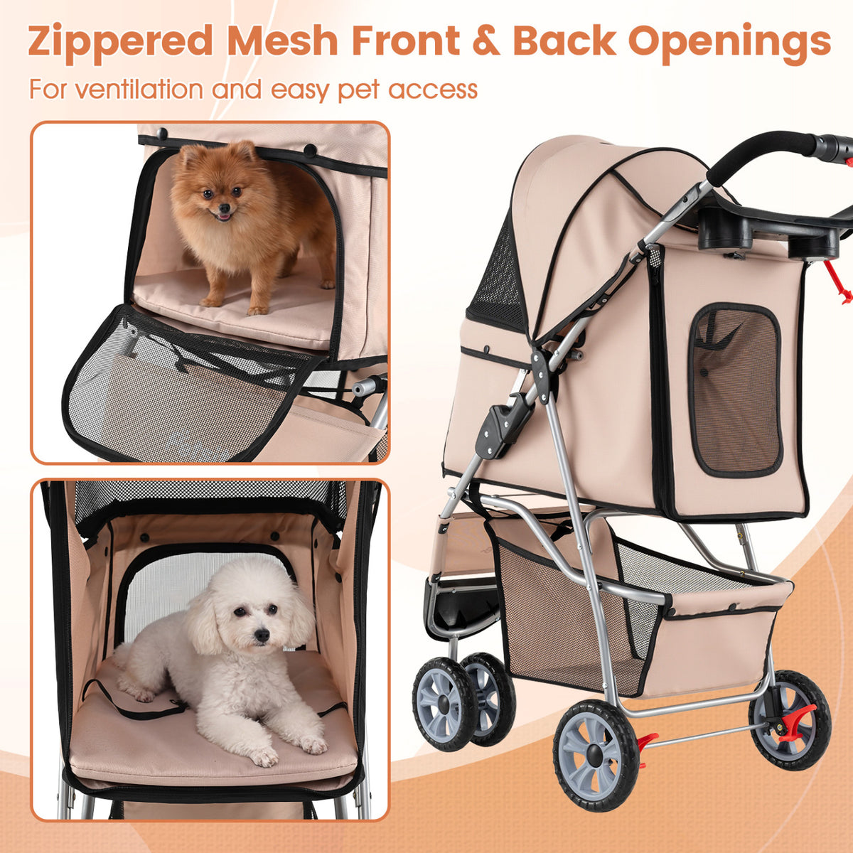 3 Wheel Pet Stroller for Small Dogs Cats up to 33 LBS-Beige