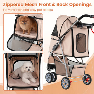 3 Wheel Pet Stroller for Small Dogs Cats up to 33 LBS-Beige