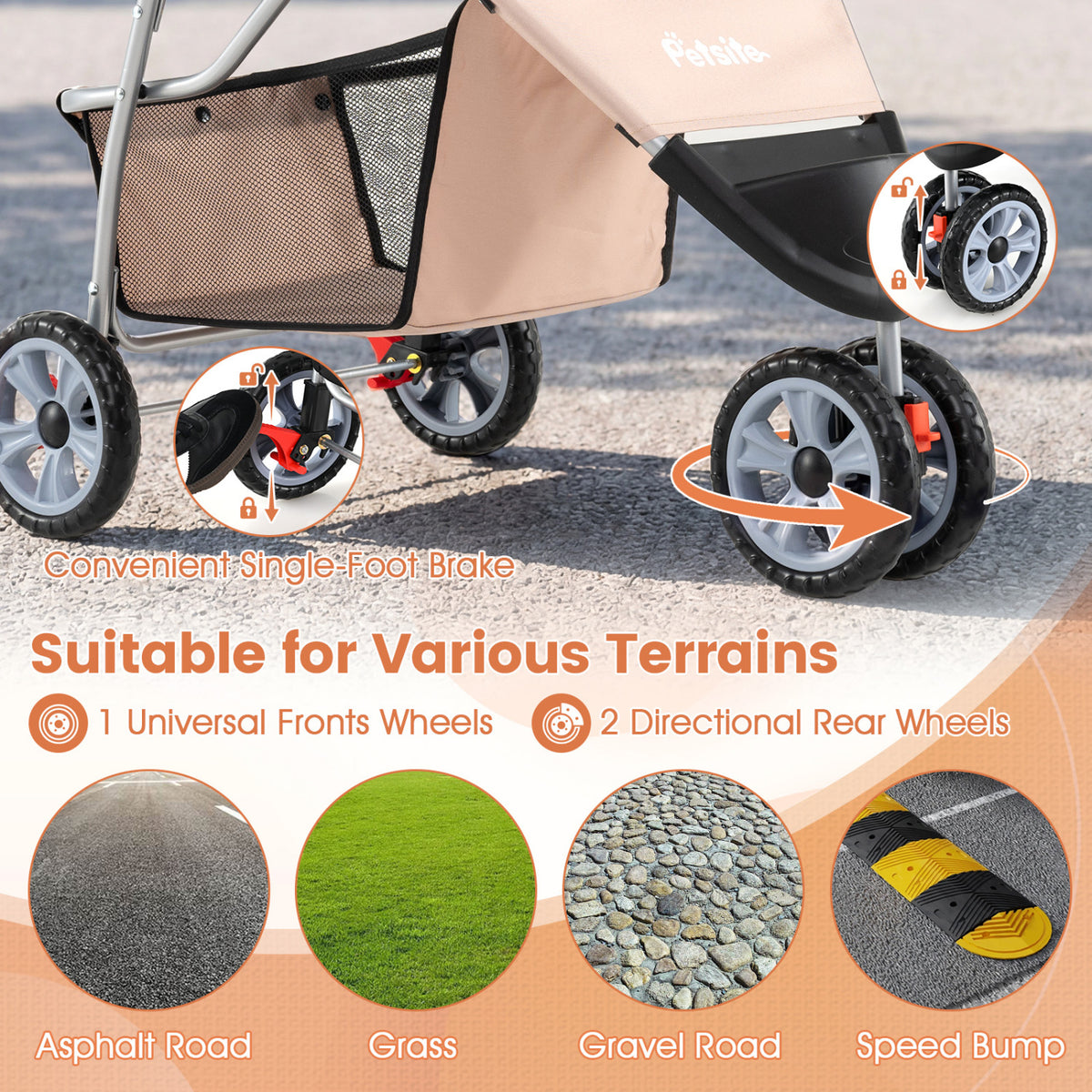 3 Wheel Pet Stroller for Small Dogs Cats up to 33 LBS-Beige