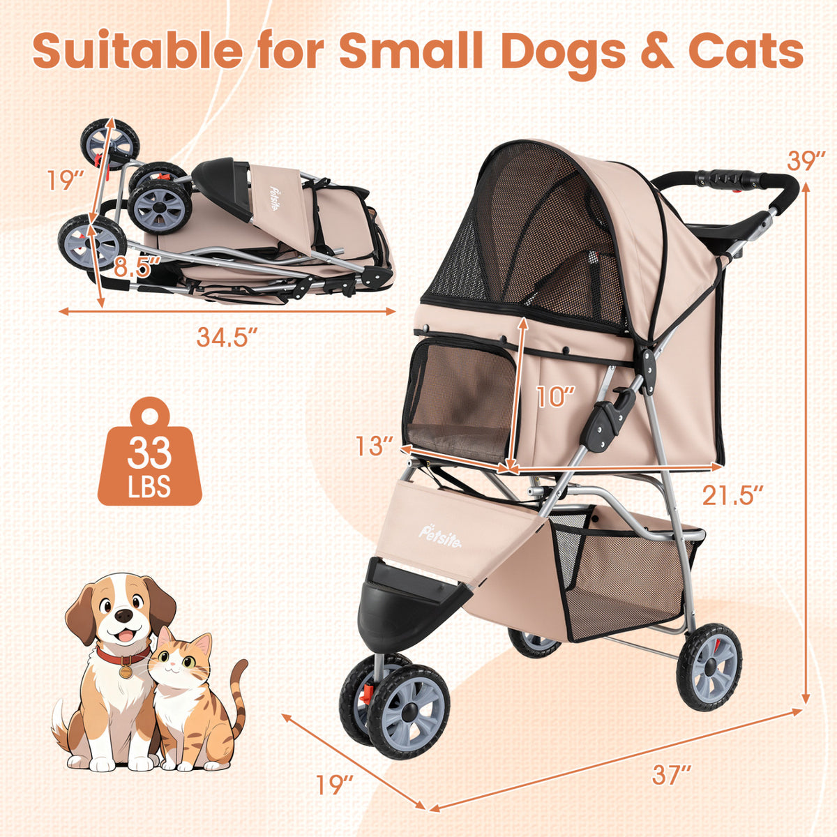 3 Wheel Pet Stroller for Small Dogs Cats up to 33 LBS-Beige