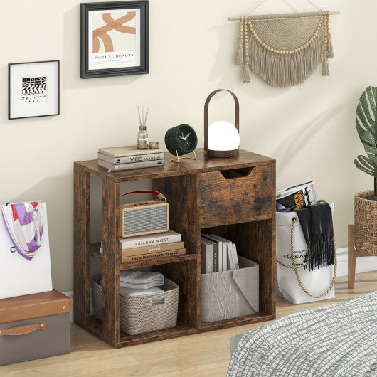 3-Cube Bookcase 2-tier Wooden Storage Shelf with Pull-out Drawer-Brown